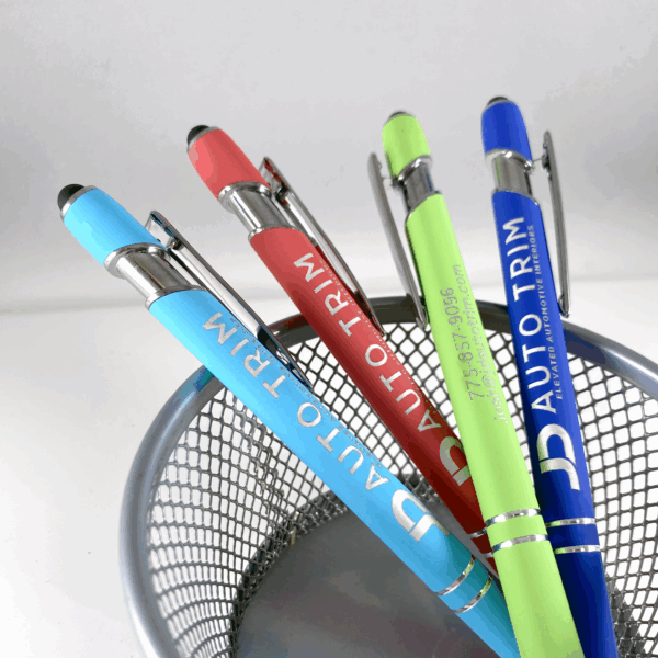 Red, green, blue and teal soft rubber engraved pens